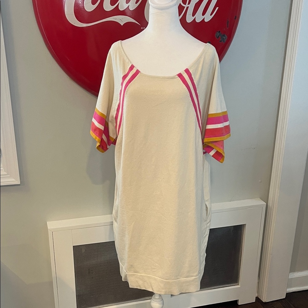 Free People Cream Pink and Orange Jersey Dress Oversize Shift Tunic, size M